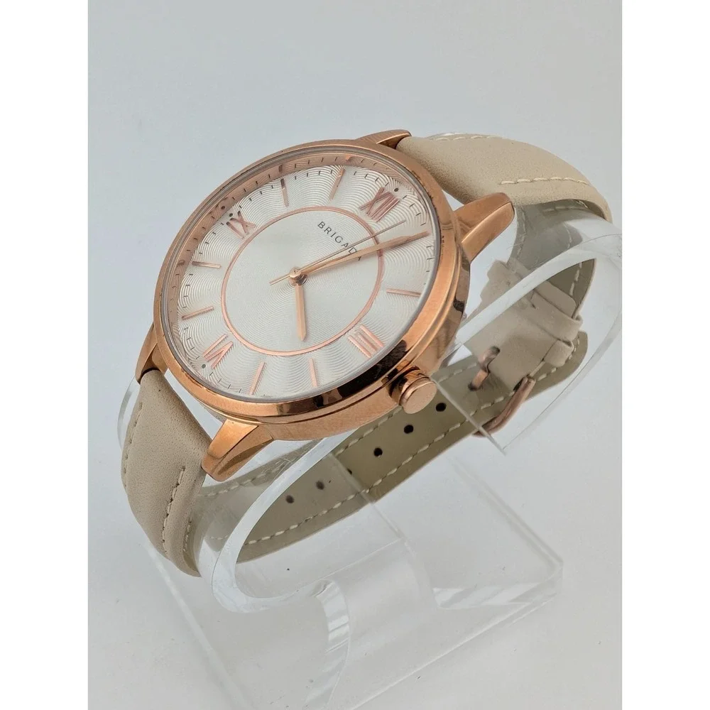 Brigada Watch Women 34mm Rose Gold Case Beige Leather Band-‎ New Battery
